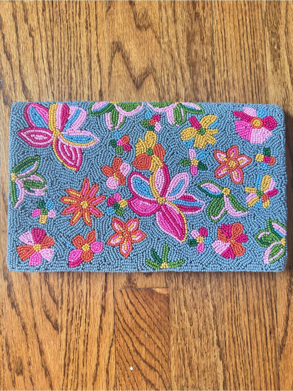 NWOT Beaded Floral Clutch Wallet in Blue and Pink